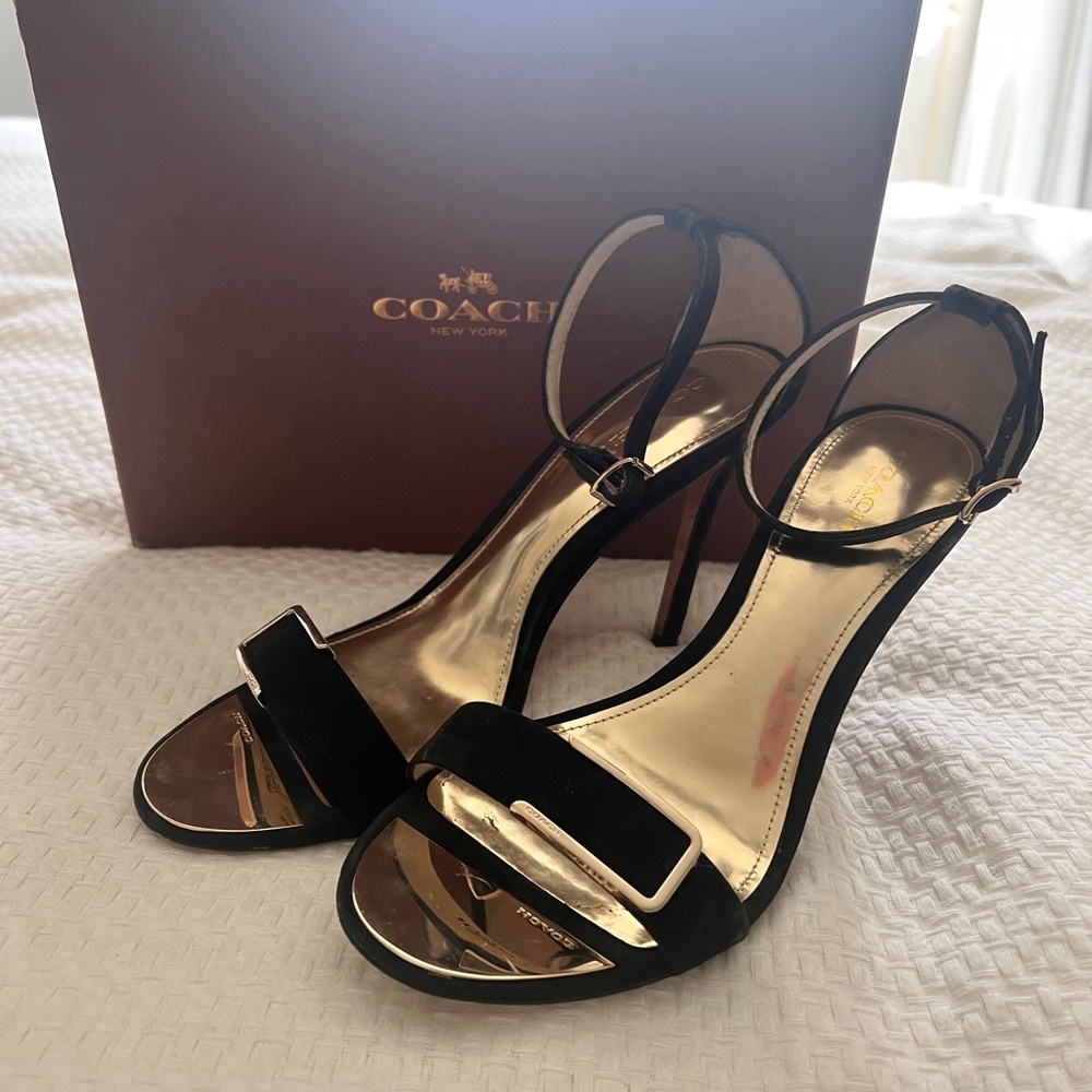 COACH Hampton Black Nubuck Ankle Strap Women's Heels Sandals 8.5